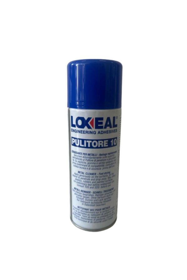 Botella de aerosol del desengrasante Limpiador Loxeal 10 sobre una superficie metálica.